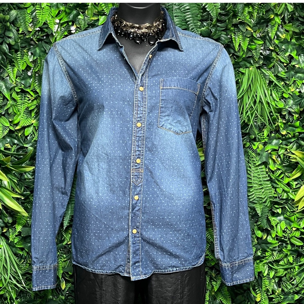 JACHS Denim‎ Shirt Women Size L Blue Polka Dot Long Sleeve Button Front 3528 - Picture 2 of 10